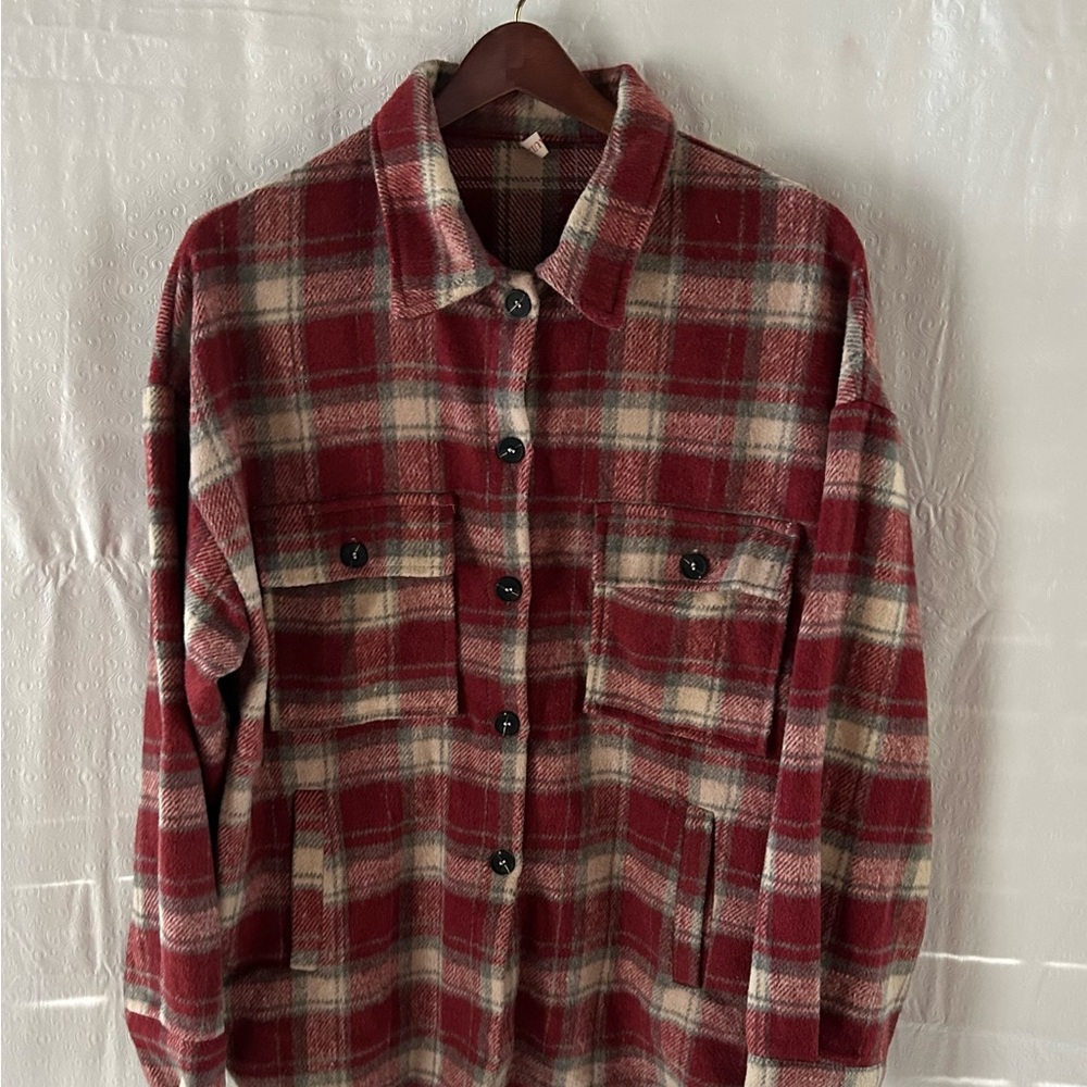 Women’s BEAULLY Plaid Shacket Burgundy Cream Gray Pockets Size L